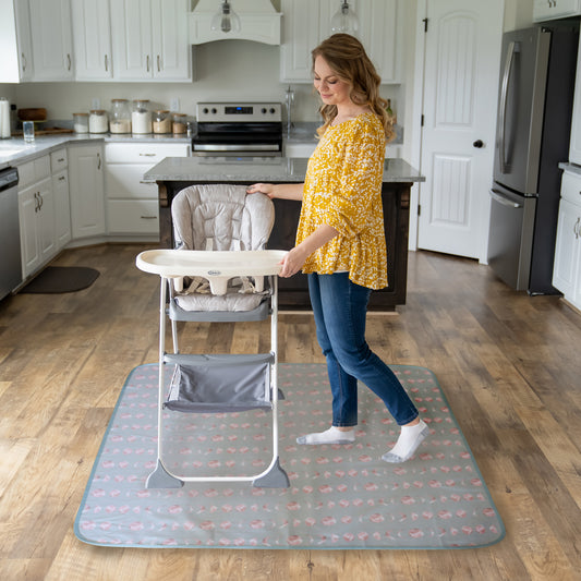 Under High Chair Splat Mat Floor Protects Wood, Vinyl and Carpet from Spills – Waterproof 3 Layer Baby Mat with Anti-Skid Backing Deters Bunching and Sliding (110 x 110 cm) bloom moon