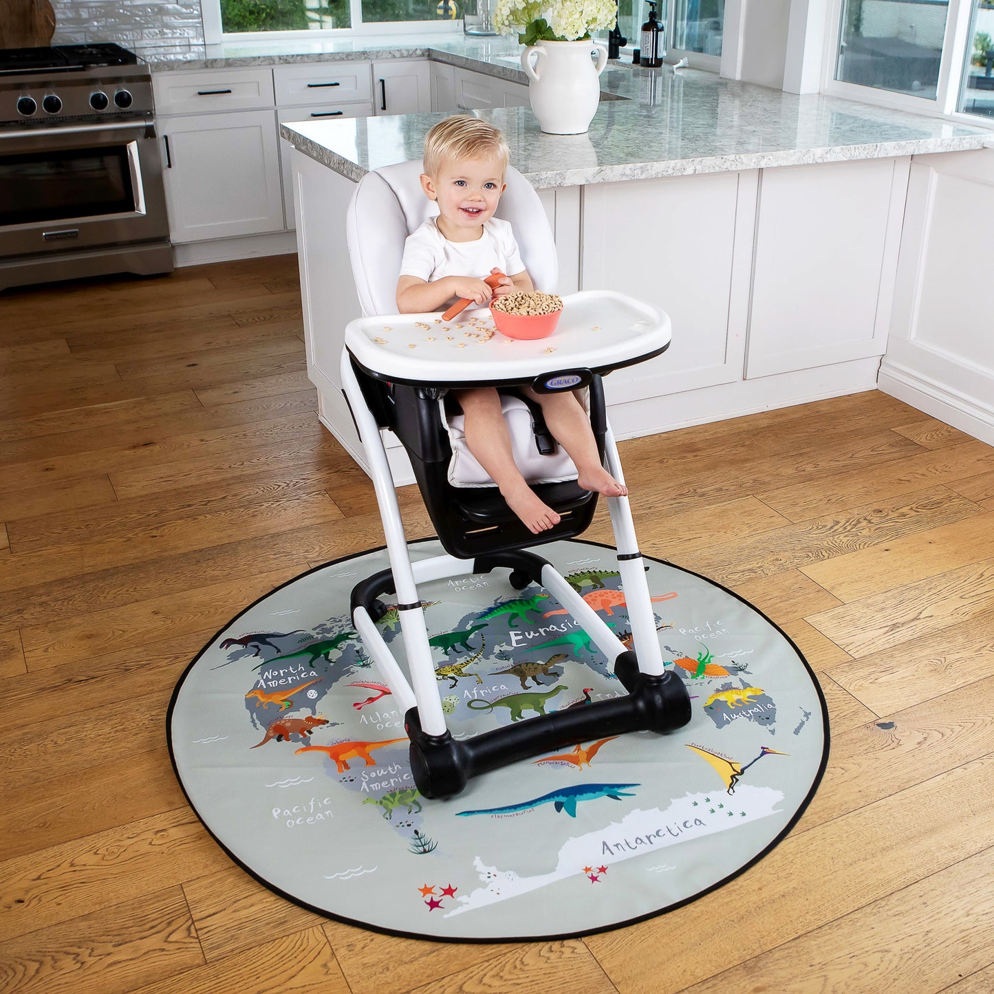 Waterproof 4-Layer Under High Chair Floor Mat Protects Wood, Vinyl and Carpet from Spills –Baby Mat with Anti-Skid Backing (130cm in Diameter )