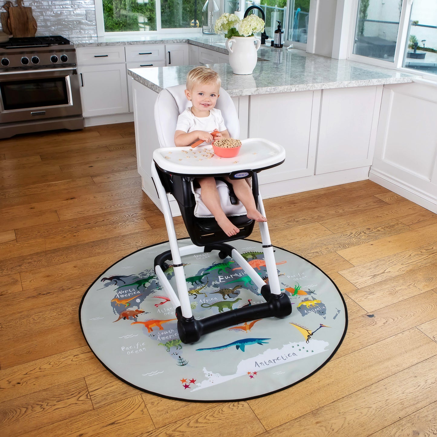 Waterproof 4-Layer Under High Chair Floor Mat Protects Wood, Vinyl and Carpet from Spills –Baby Mat with Anti-Skid Backing (130cm in Diameter )