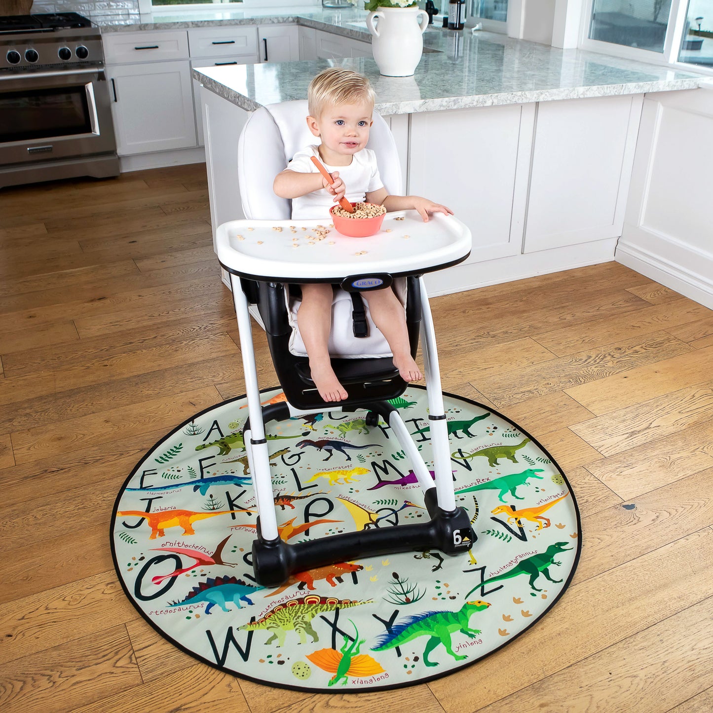 BABYBOET Splat Mat for Baby – Under High Chair Floor Mat Protects Wood, Vinyl and Carpet from Spills – Waterproof 4 Layer Baby Mat Bundle with Waterproof Matching Smock Fits Ages 6-36months - 130 x 130 cm