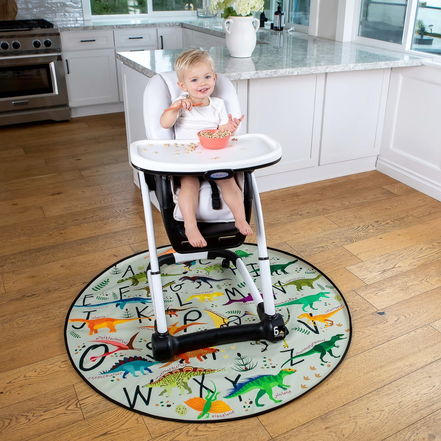 BABYBOET Splat Mat for Baby – Under High Chair Floor Mat Protects Wood, Vinyl and Carpet from Spills – Waterproof 4 Layer Baby Mat Bundle with Waterproof Matching Smock Fits Ages 6-36months - 130 x 130 cm