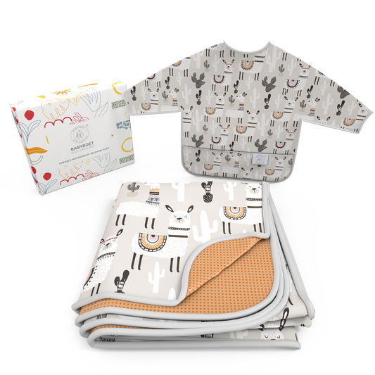 4-Layer Waterproof Splat Mat for Baby – Under High Chair Floor Mat & Matching Baby Bib (Alpaca ,130 x 130 cm, Smock bib Fits Ages 6-36months).