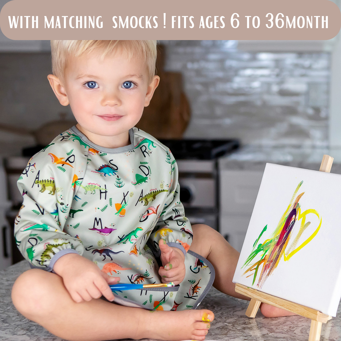 BABYBOET Splat Mat for Baby – Under High Chair Floor Mat Protects Wood, Vinyl and Carpet from Spills – Waterproof 4 Layer Baby Mat Bundle with Waterproof Matching Smock Fits Ages 6-36months - 130 x 130 cm