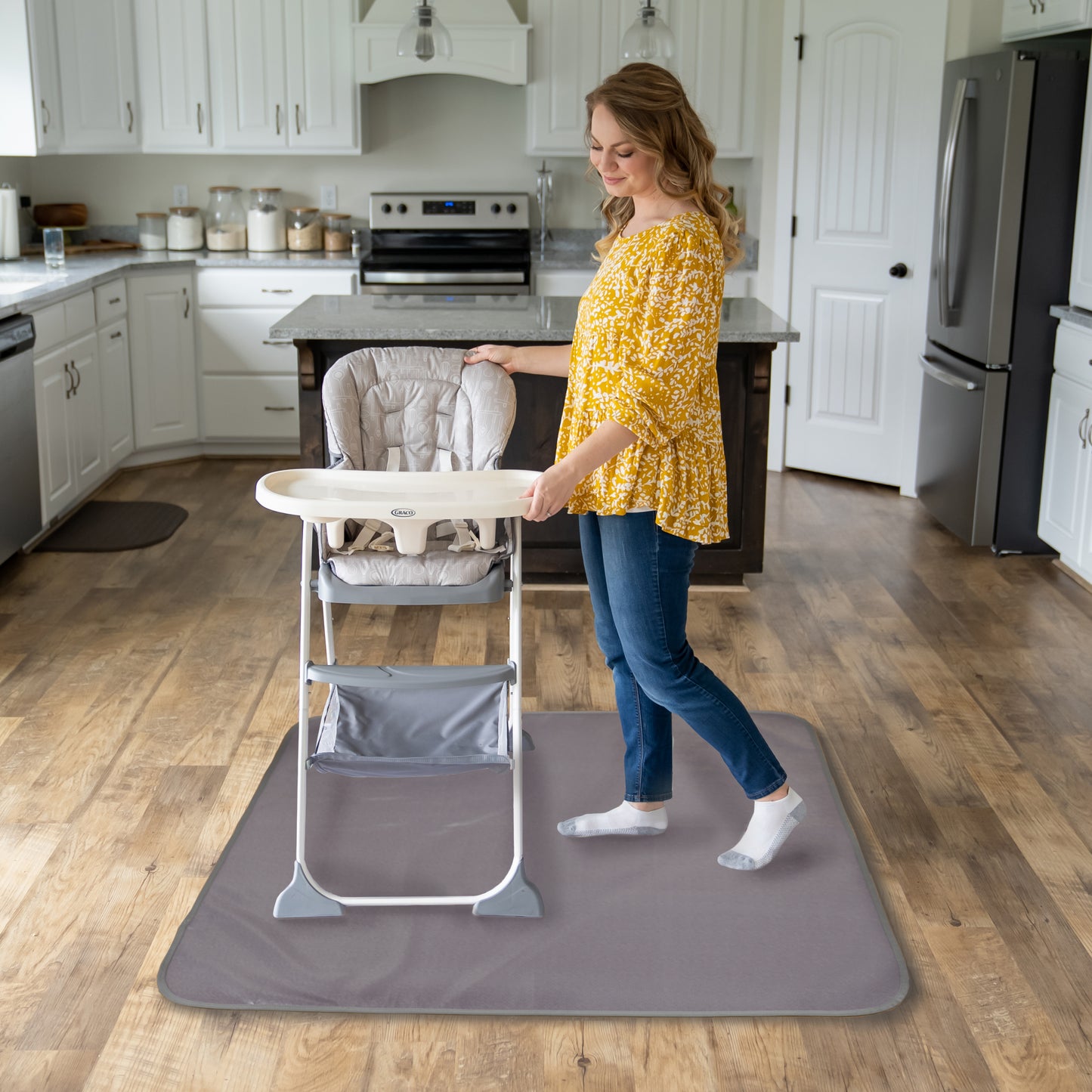 Under High Chair Splat Mat Floor Protects Wood, Vinyl and Carpet from Spills – Waterproof 3 Layer Baby Mat with Anti-Skid Backing Deters Bunching and Sliding (110 x 110 cm) charcoal grey