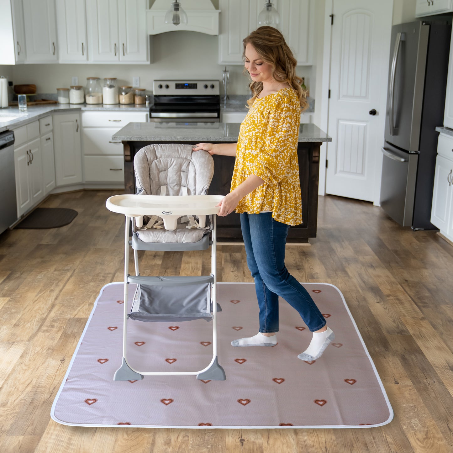 Under High Chair Splat Mat Floor Protects Wood, Vinyl and Carpet from Spills – Waterproof 3 Layer Baby Mat with Anti-Skid Backing Deters Bunching and Sliding (110 x 110 cm) boho heart