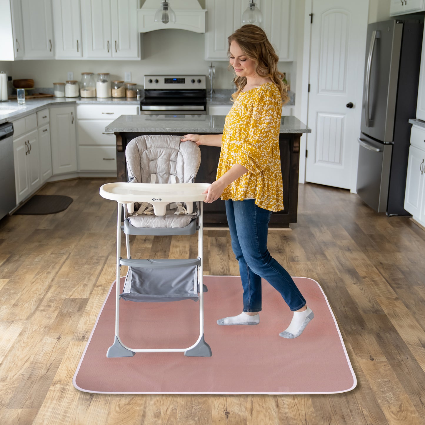 Under High Chair Splat Mat Floor Protects Wood, Vinyl and Carpet from Spills – Waterproof 3 Layer Baby Mat with Anti-Skid Backing Deters Bunching and Sliding (110 x 110 cm) rose taupe