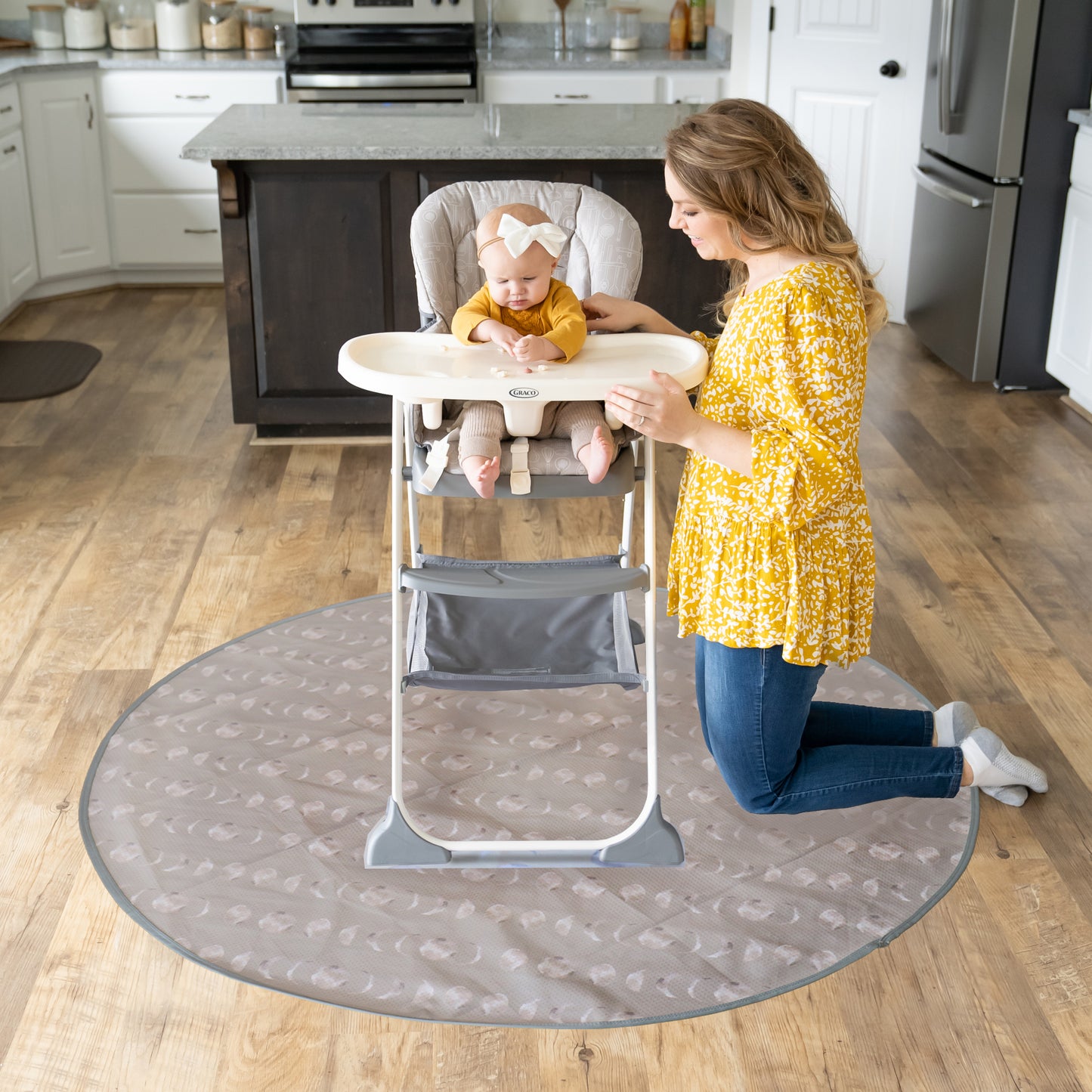 Under High Chair Splat Mat Floor Protects Wood, Vinyl and Carpet from Spills – Waterproof 3 Layer Baby Mat with Anti-Skid Backing Deters Bunching and Sliding (110 x 110 cm) winter moon