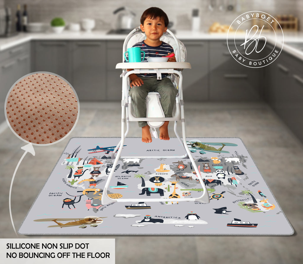 4-Layer Mess - Free Waterproof Splat Mat for Baby Under High Chair Floor Mat - Animals World Map ( 130 x 130 cm )