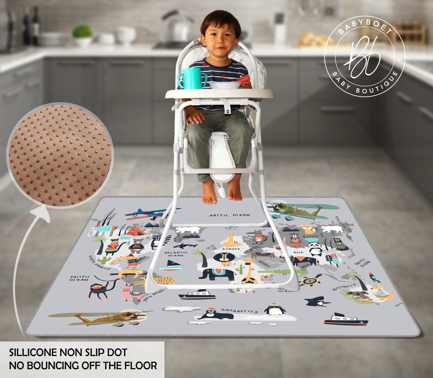 4-Layer Waterproof Splat Mat for Baby Under High Chair Floor Mat - Animals World Map ( 130 x 130 cm )