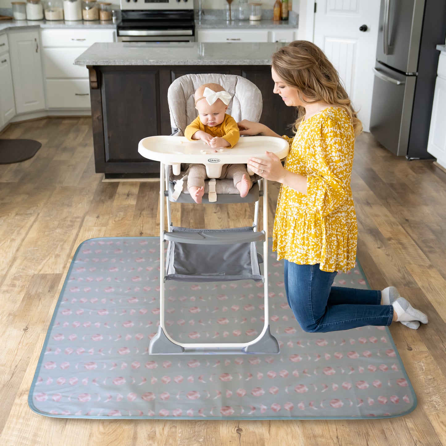 Under High Chair Splat Mat Floor Protects Wood, Vinyl and Carpet from Spills – Waterproof 3 Layer Baby Mat with Anti-Skid Backing Deters Bunching and Sliding (110 x 110 cm) bloom moon