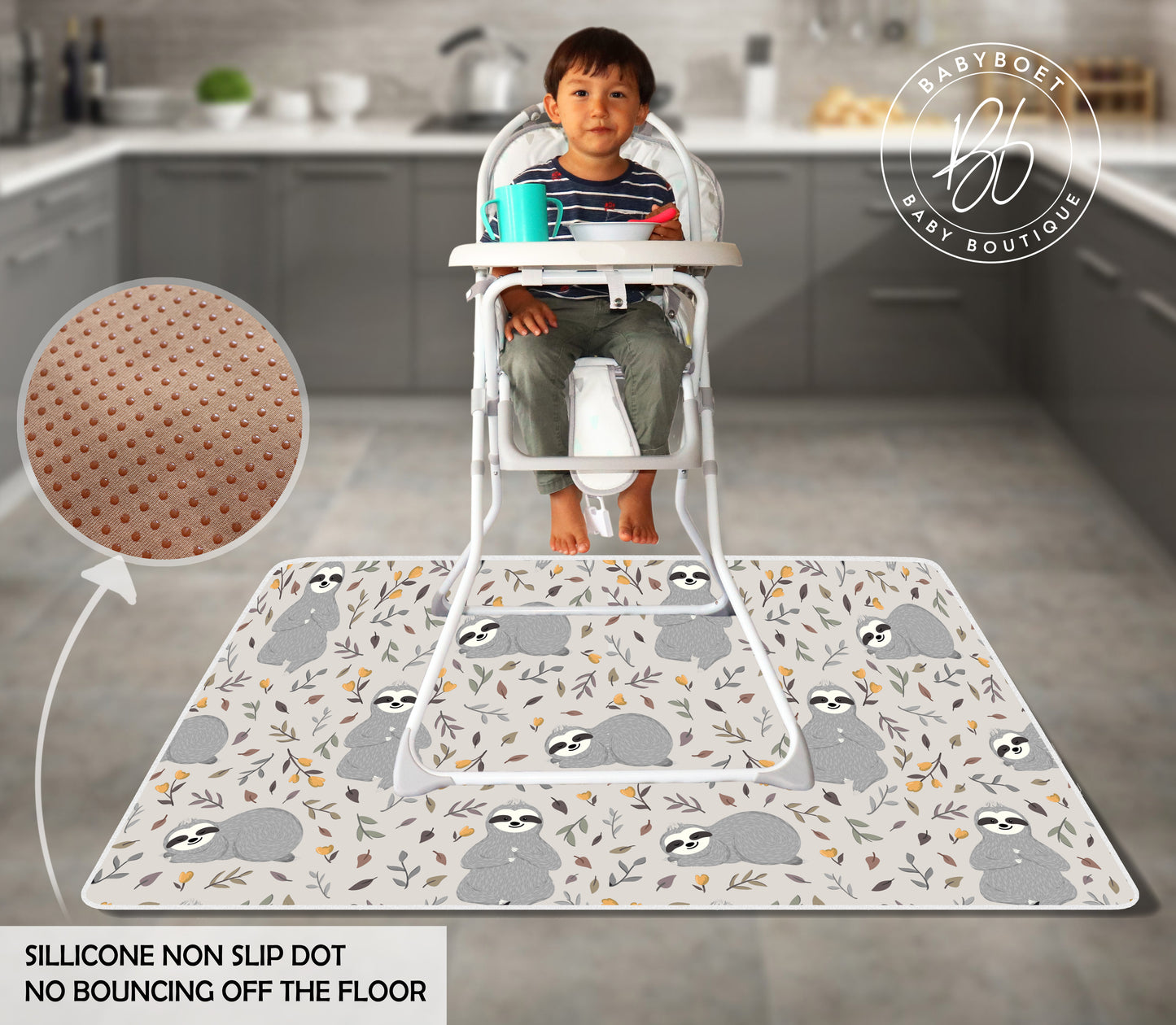 4-Layer Waterproof Splat Mat for Baby – Under High Chair Floor Mat (Sloth, 130 x 130 cm)
