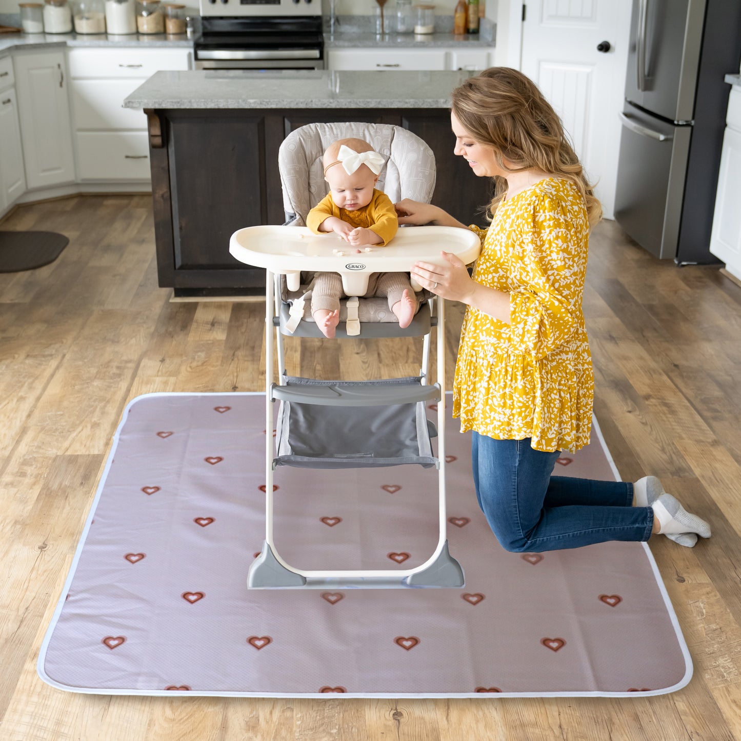 Under High Chair Splat Mat Floor Protects Wood, Vinyl and Carpet from Spills – Waterproof 3 Layer Baby Mat with Anti-Skid Backing Deters Bunching and Sliding (110 x 110 cm) boho heart