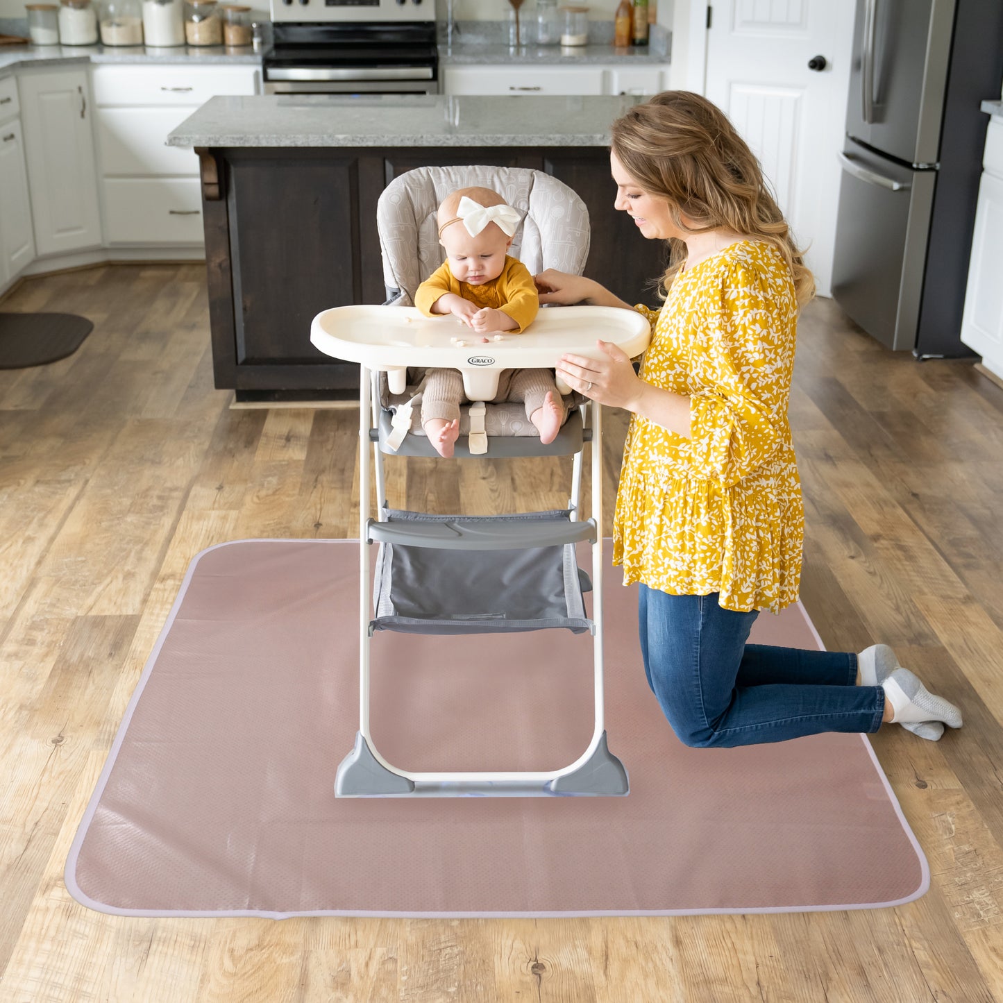 Under High Chair Splat Mat Floor Protects Wood, Vinyl and Carpet from Spills – Waterproof 3 Layer Baby Mat with Anti-Skid Backing Deters Bunching and Sliding (110 x 110 cm) evening fog