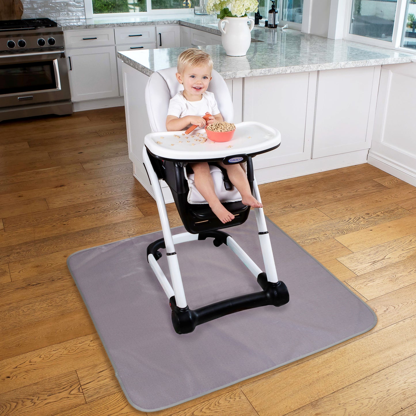 Under High Chair Splat Mat Floor Protects Wood, Vinyl and Carpet from Spills – Waterproof 3 Layer Baby Mat with Anti-Skid Backing Deters Bunching and Sliding (110 x 110 cm) charcoal grey