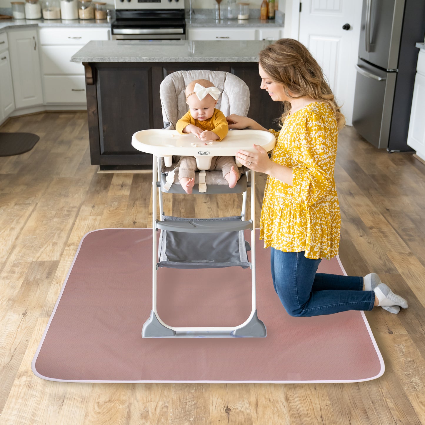 Under High Chair Splat Mat Floor Protects Wood, Vinyl and Carpet from Spills – Waterproof 3 Layer Baby Mat with Anti-Skid Backing Deters Bunching and Sliding (110 x 110 cm) rose taupe