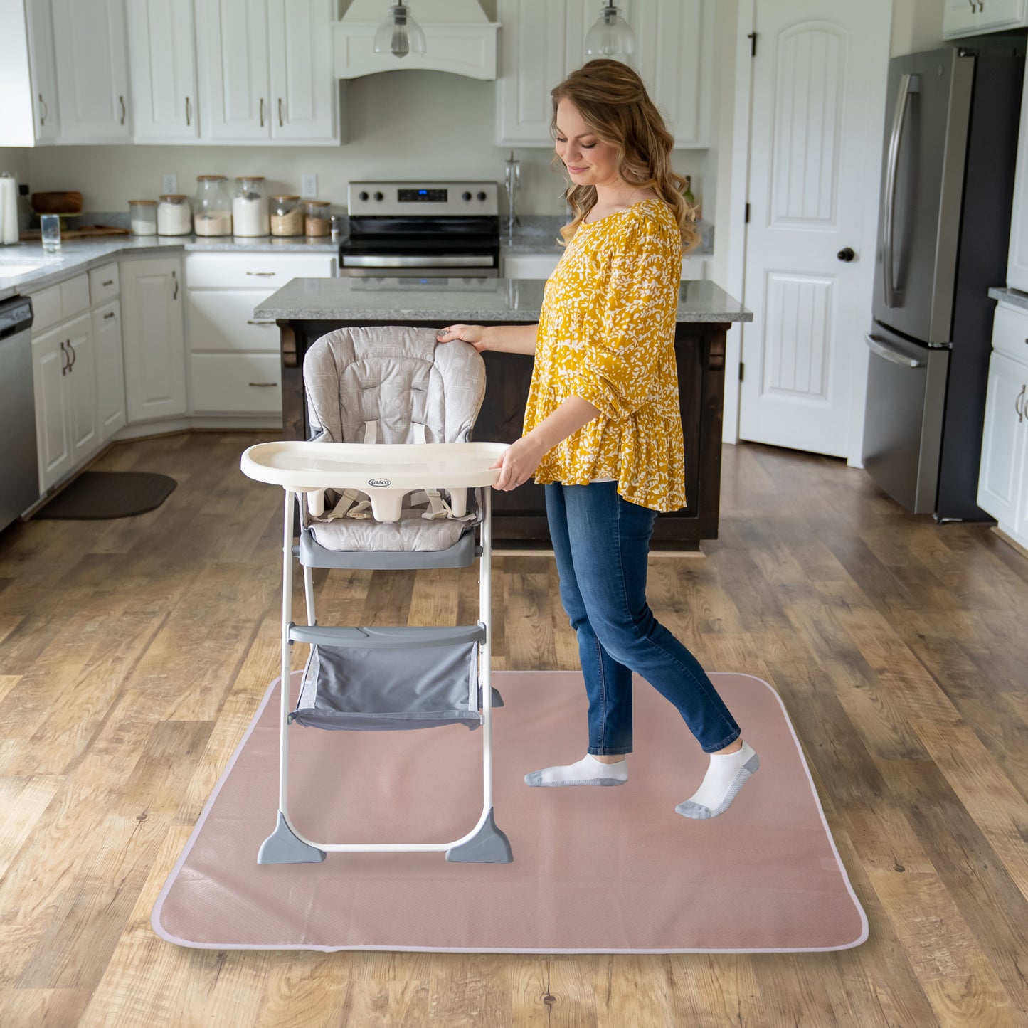 Under High Chair Splat Mat Floor Protects Wood, Vinyl and Carpet from Spills – Waterproof 3 Layer Baby Mat with Anti-Skid Backing Deters Bunching and Sliding (110 x 110 cm) evening fog