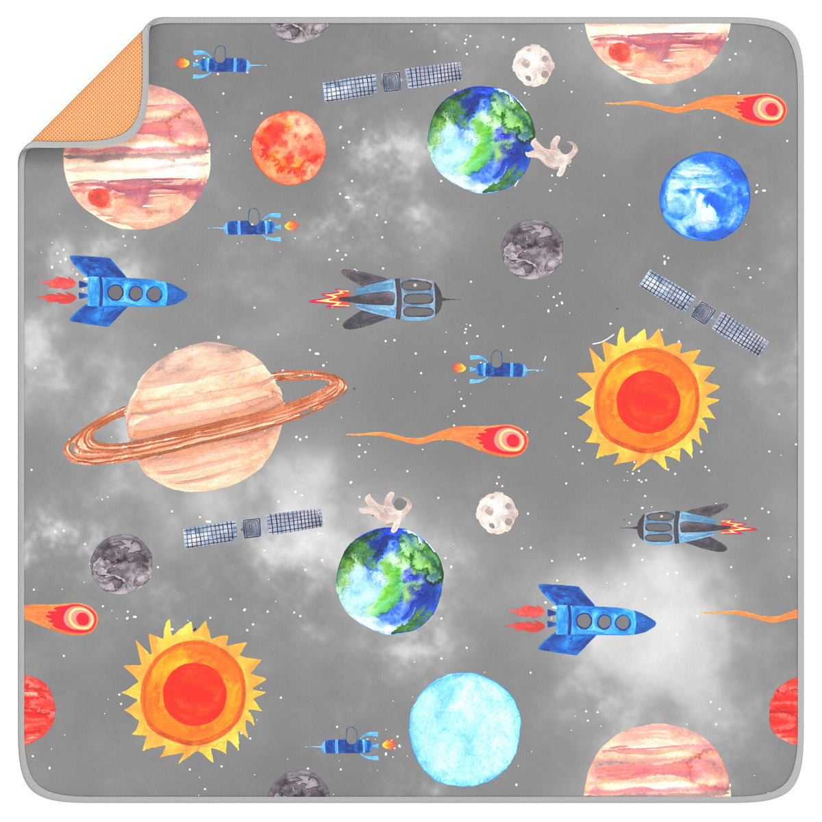 X Large 4-Layer Waterproof Splat Mat for Baby Under High Chair Floor Mat - Kids Hand Painted Cosmic Collection (130 x 130 cm)