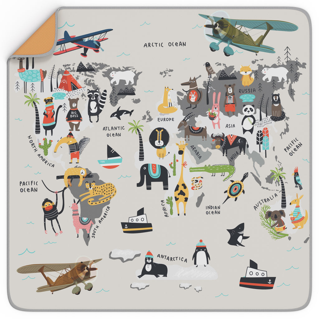 4-Layer Mess - Free Waterproof Splat Mat for Baby Under High Chair Floor Mat - Animals World Map ( 130 x 130 cm )
