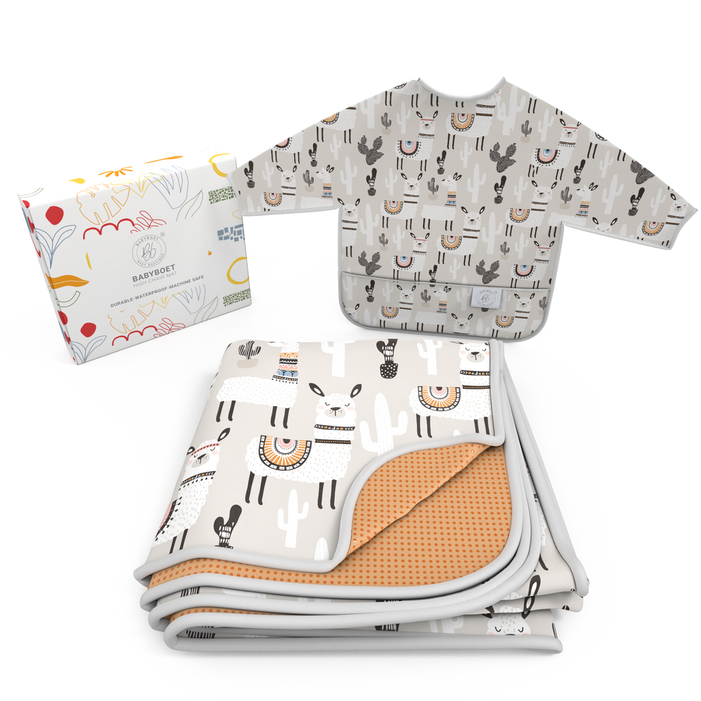 4-Layer Waterproof Splat Mat for Baby – Under High Chair Floor Mat & Matching Baby Bib (Alpaca ,130 x 130 cm, Smock bib Fits Ages 6-24months).