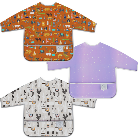 BABYBOET Long Sleeve Baby Bib Set 3PCS, Toddler Bib, Smock - Waterproof, Wipe Clean, Machine Washable with Food Catcher Pocket. 6-24Months