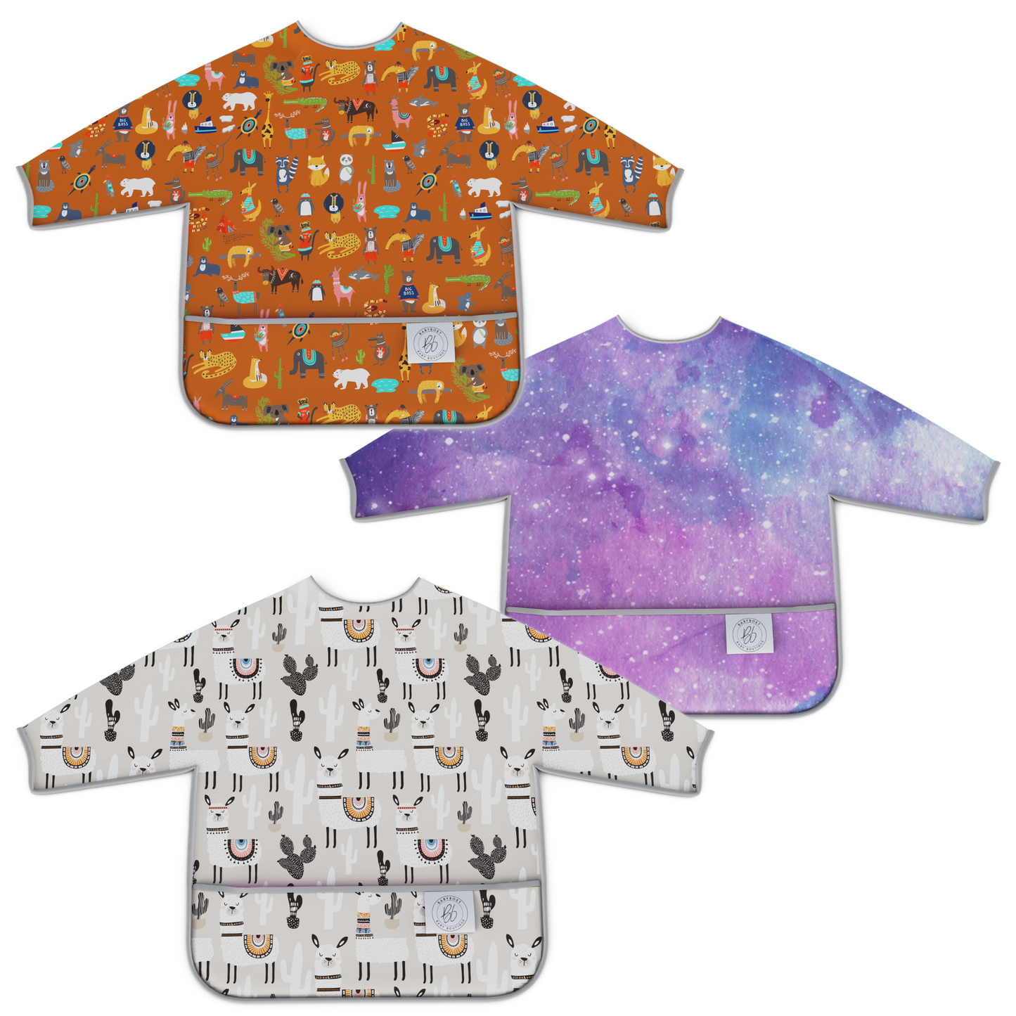 BABYBOET Long Sleeve Baby Bib Set 3PCS, Toddler Bib, Smock - Waterproof, Wipe Clean, Machine Washable with Food Catcher Pocket. 6-36Months