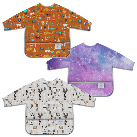 BABYBOET Long Sleeve Baby Bib Set 3PCS, Toddler Bib, Smock - Waterproof, Wipe Clean, Machine Washable with Food Catcher Pocket. 6-36Months