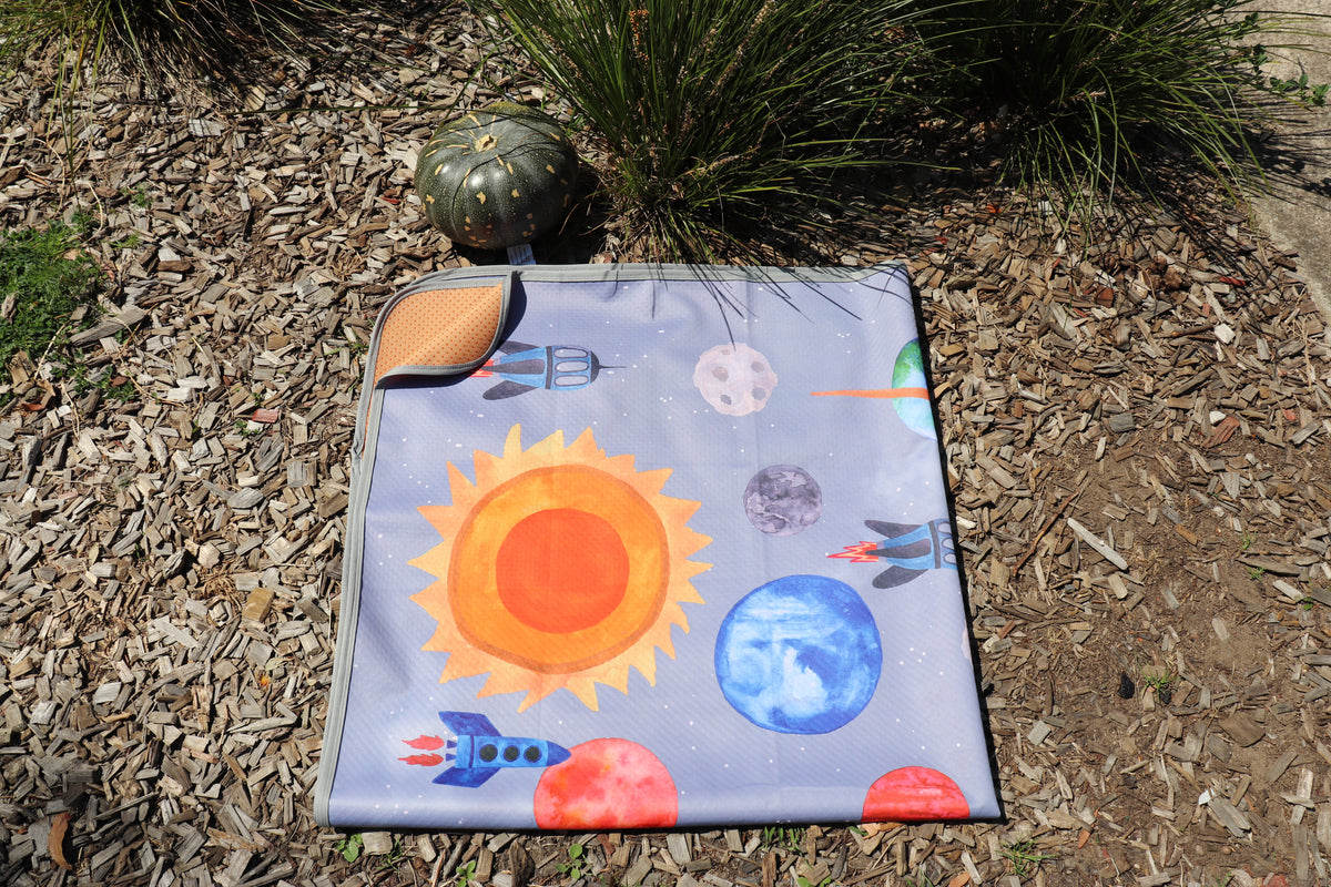 X Large 4-Layer Waterproof Splat Mat for Baby Under High Chair Floor Mat - Kids Hand Painted Cosmic Collection (130 x 130 cm)