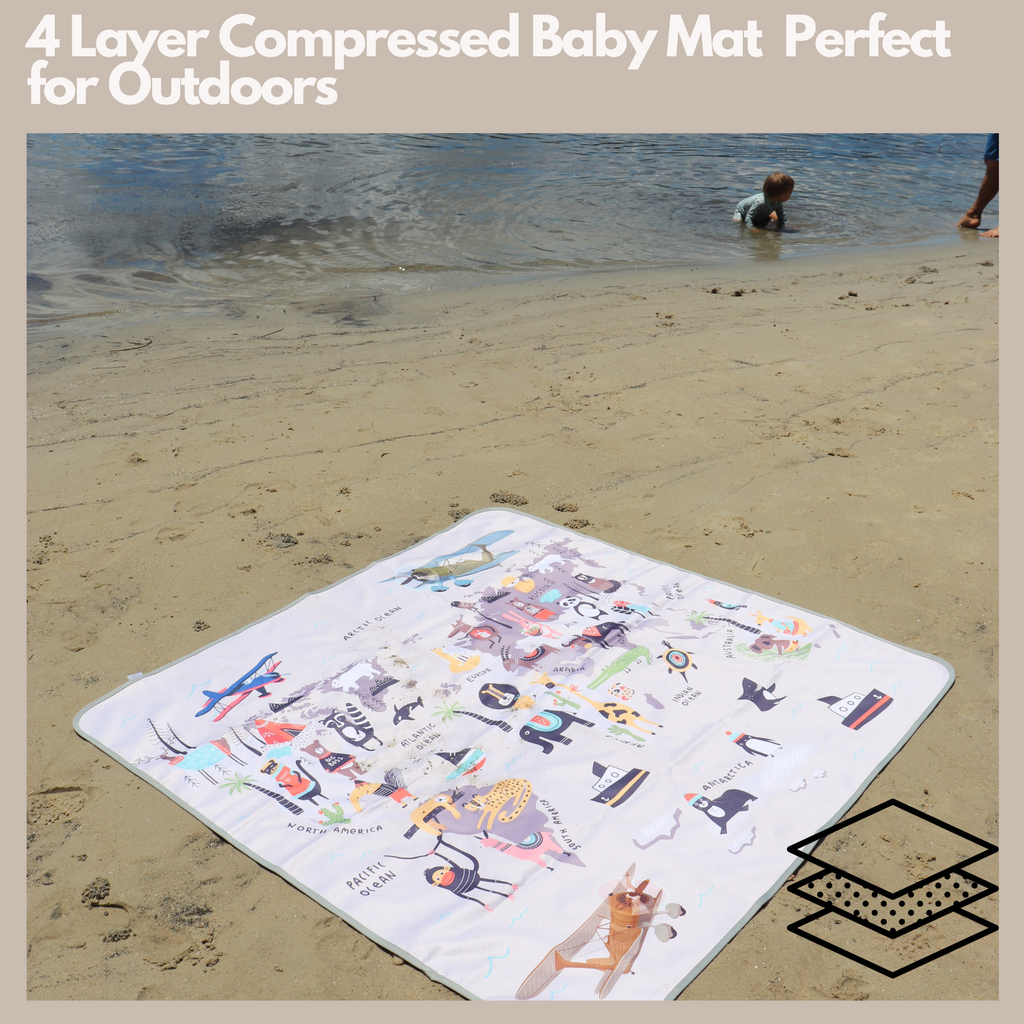 4-Layer Mess - Free Waterproof Splat Mat for Baby Under High Chair Floor Mat - Animals World Map ( 130 x 130 cm )