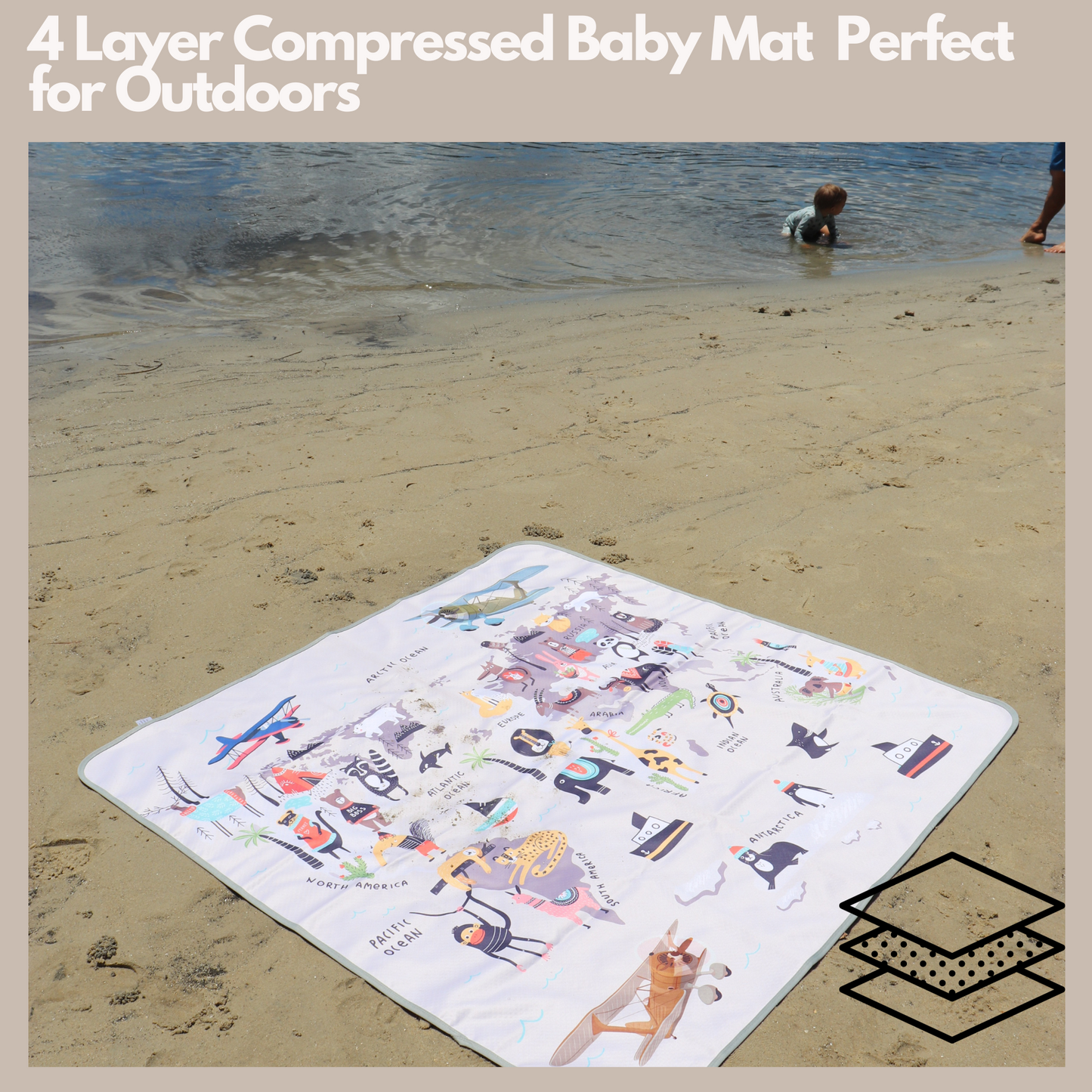 4-Layer Waterproof Splat Mat for Baby Under High Chair Floor Mat - Animals World Map ( 130 x 130 cm )