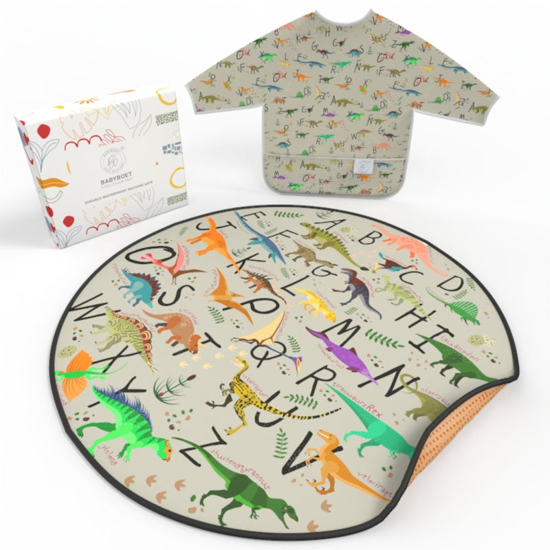 BABYBOET Splat Mat for Baby – Under High Chair Floor Mat Protects Wood, Vinyl and Carpet from Spills – Waterproof 4 Layer Baby Mat Bundle with Waterproof Matching Smock Fits Ages 6-36months - 130 x 130 cm