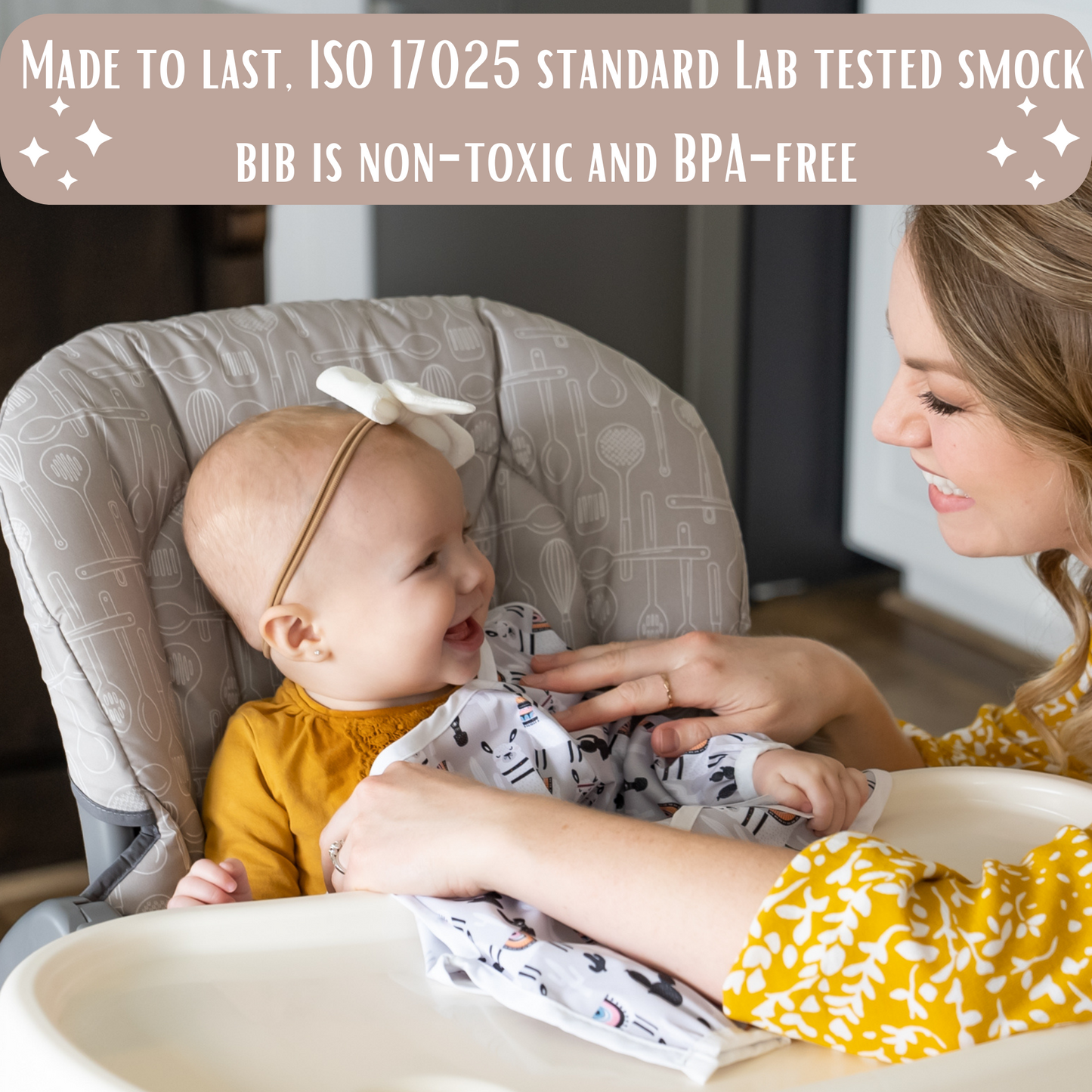 4-Layer Waterproof Splat Mat for Baby – Under High Chair Floor Mat & Matching Baby Bib (Alpaca ,130 x 130 cm, Smock bib Fits Ages 6-36months).