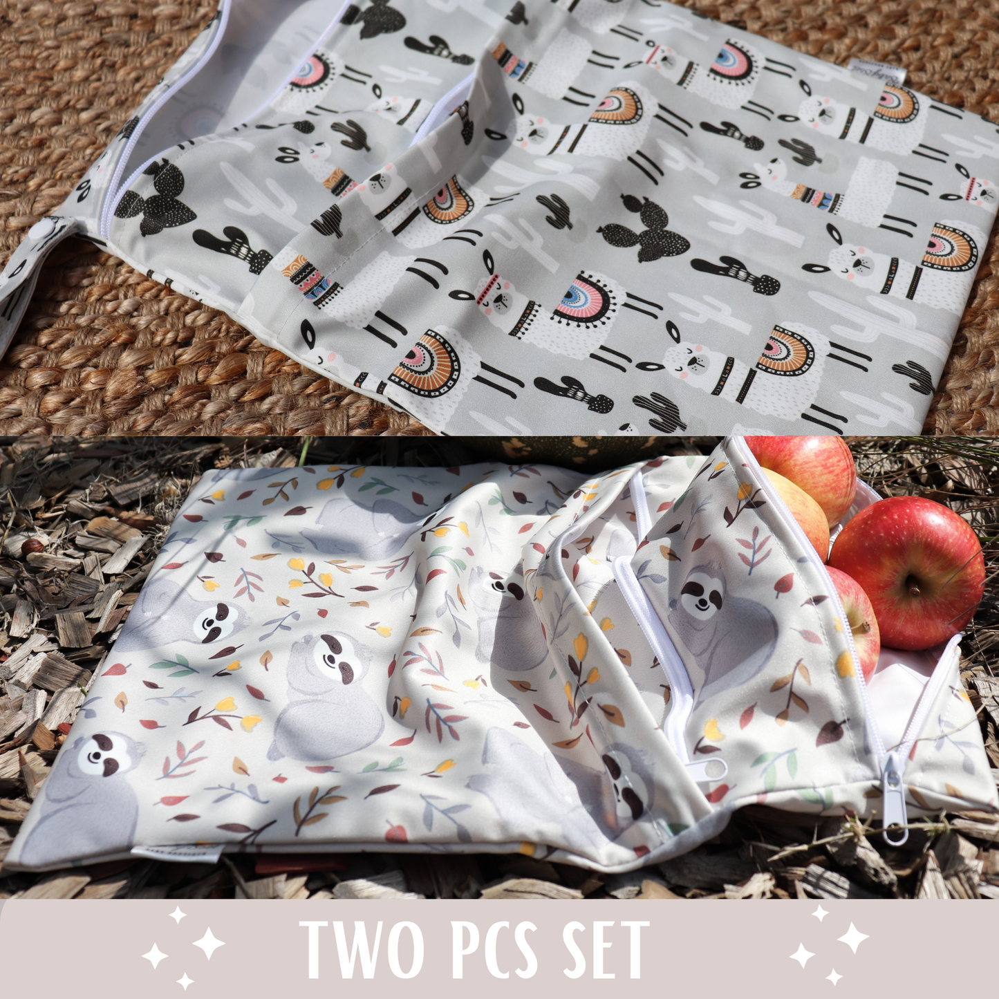 Wet Dry Bag 2PCS Waterproof Reusable with Double Zippered Pockets (Large, Alpaca & Sloth, 2PCS)